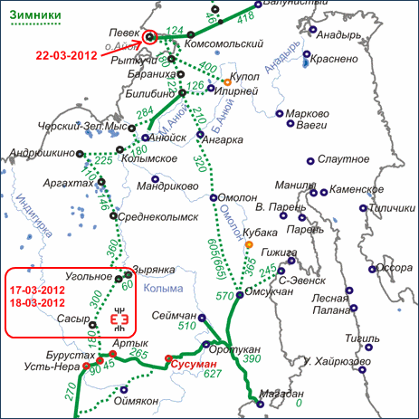 Схема зимников на в Якутии и на Чукотке до Певека