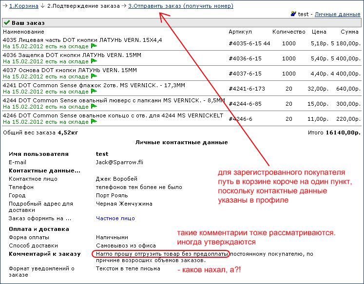 Контактные данные для зарегистрированого пользователя